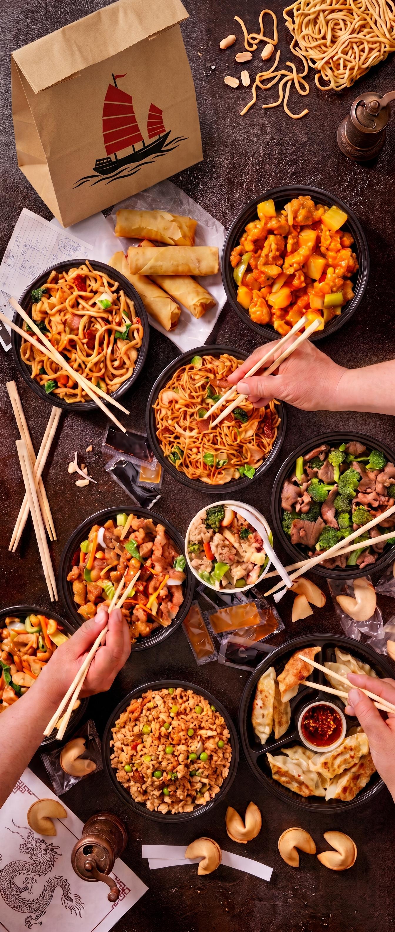 Takeout spread of orange chicken, chow mein, dumplings, fried rice, spring rolls, beef with broccoli and fortune cookies